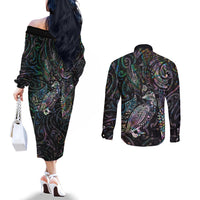 Aotearoa Moko Tribal Tattoo Couples Matching Off The Shoulder Long Sleeve Dress and Long Sleeve Button Shirt New Zealand Maori Penguin and Fantail Paua Shell Style