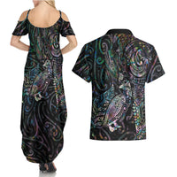 Aotearoa Moko Tribal Tattoo Couples Matching Summer Maxi Dress and Hawaiian Shirt New Zealand Maori Penguin and Fantail Paua Shell Style