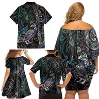Aotearoa Moko Tribal Tattoo Family Matching Off Shoulder Short Dress and Hawaiian Shirt New Zealand Maori Penguin and Fantail Paua Shell Style