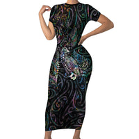 Aotearoa Moko Tribal Tattoo Family Matching Short Sleeve Bodycon Dress and Hawaiian Shirt New Zealand Maori Penguin and Fantail Paua Shell Style