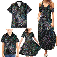 Aotearoa Moko Tribal Tattoo Family Matching Summer Maxi Dress and Hawaiian Shirt New Zealand Maori Penguin and Fantail Paua Shell Style