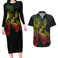 Aotearoa Moko Tribal Tattoo Couples Matching Long Sleeve Bodycon Dress and Hawaiian Shirt New Zealand Maori Penguin and Fantail Reggae Style