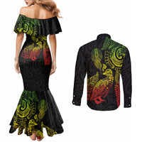 Aotearoa Moko Tribal Tattoo Couples Matching Mermaid Dress and Long Sleeve Button Shirt New Zealand Maori Penguin and Fantail Reggae Style