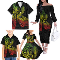Aotearoa Moko Tribal Tattoo Family Matching Off The Shoulder Long Sleeve Dress and Hawaiian Shirt New Zealand Maori Penguin and Fantail Reggae Style