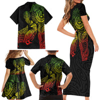 Aotearoa Moko Tribal Tattoo Family Matching Short Sleeve Bodycon Dress and Hawaiian Shirt New Zealand Maori Penguin and Fantail Reggae Style