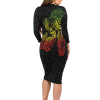 Aotearoa Moko Tribal Tattoo Long Sleeve Bodycon Dress New Zealand Maori Penguin and Fantail Reggae Style