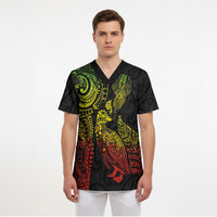 Aotearoa Moko Tribal Tattoo Scrub Top New Zealand Maori Penguin and Fantail Reggae Style
