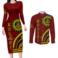 Kolisi Tonga Atele Couples Matching Long Sleeve Bodycon Dress and Long Sleeve Button Shirt Ngatu and Polynesian Pattern LT03 Red - Polynesian Pride