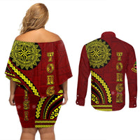 Kolisi Tonga Atele Couples Matching Off Shoulder Short Dress and Long Sleeve Button Shirt Ngatu and Polynesian Pattern LT03 - Polynesian Pride