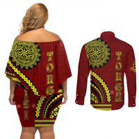 Kolisi Tonga Atele Couples Matching Off Shoulder Short Dress and Long Sleeve Button Shirt Ngatu and Polynesian Pattern LT03 - Polynesian Pride