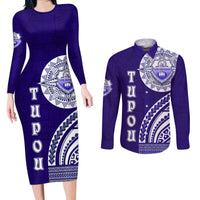 Tupou College Toloa Couples Matching Long Sleeve Bodycon Dress and Long Sleeve Button Shirt Ngatu and Polynesian Pattern LT03 Blue - Polynesian Pride