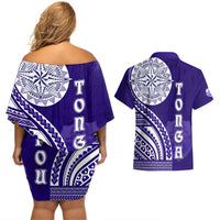 Tupou College Toloa Couples Matching Off Shoulder Short Dress and Hawaiian Shirt Ngatu and Polynesian Pattern LT03 - Polynesian Pride