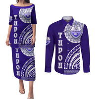 Tupou College Toloa Couples Matching Puletasi and Long Sleeve Button Shirt Ngatu and Polynesian Pattern LT03 Blue - Polynesian Pride