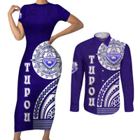 Tupou College Toloa Couples Matching Short Sleeve Bodycon Dress and Long Sleeve Button Shirt Ngatu and Polynesian Pattern LT03 Blue - Polynesian Pride