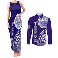 Tupou College Toloa Couples Matching Tank Maxi Dress and Long Sleeve Button Shirt Ngatu and Polynesian Pattern LT03 Blue - Polynesian Pride