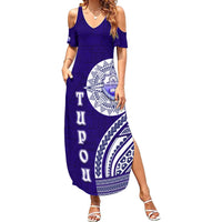 Tupou College Toloa Family Matching Summer Maxi Dress and Hawaiian Shirt Ngatu and Polynesian Pattern LT03 Mom's Dress Blue - Polynesian Pride
