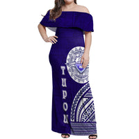 Tupou College Toloa Off Shoulder Maxi Dress Ngatu and Polynesian Pattern LT03 Women Blue - Polynesian Pride