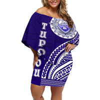 Tupou College Toloa Off Shoulder Short Dress Ngatu and Polynesian Pattern LT03 Women Blue - Polynesian Pride