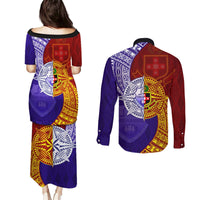 Kolisi Tonga Atele and Tupou College Toloa Couples Matching Puletasi and Long Sleeve Button Shirt Ngatu and Polynesian Spiral Pattern LT03 - Polynesian Pride