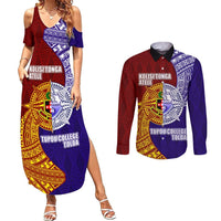 Kolisi Tonga Atele and Tupou College Toloa Couples Matching Summer Maxi Dress and Long Sleeve Button Shirt Ngatu and Polynesian Spiral Pattern LT03 Red - Polynesian Pride