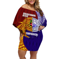 Kolisi Tonga Atele and Tupou College Toloa Off Shoulder Short Dress Ngatu and Polynesian Spiral Pattern LT03 Women Red - Polynesian Pride