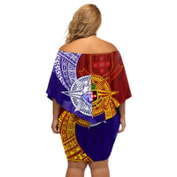 Kolisi Tonga Atele and Tupou College Toloa Off Shoulder Short Dress Ngatu and Polynesian Spiral Pattern LT03 - Polynesian Pride