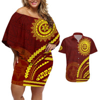 Tonga High School Couples Matching Off Shoulder Short Dress and Hawaiian Shirt Ngatu and Polynesian Pattern LT03 Red - Polynesian Pride
