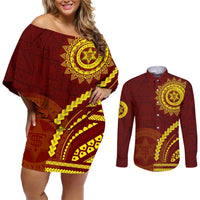 Tonga High School Couples Matching Off Shoulder Short Dress and Long Sleeve Button Shirt Ngatu and Polynesian Pattern LT03 Red - Polynesian Pride