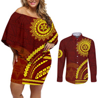 Tonga High School Couples Matching Off Shoulder Short Dress and Long Sleeve Button Shirt Ngatu and Polynesian Pattern LT03 Red - Polynesian Pride