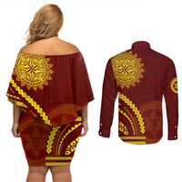 Tonga High School Couples Matching Off Shoulder Short Dress and Long Sleeve Button Shirt Ngatu and Polynesian Pattern LT03 - Polynesian Pride