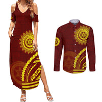Tonga High School Couples Matching Summer Maxi Dress and Long Sleeve Button Shirt Ngatu and Polynesian Pattern LT03 Red - Polynesian Pride