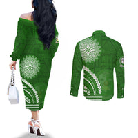 Liahona High School Couples Matching Off The Shoulder Long Sleeve Dress and Long Sleeve Button Shirt Ngatu and Polynesian Pattern LT03 - Polynesian Pride