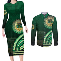 Saineha High School Couples Matching Long Sleeve Bodycon Dress and Long Sleeve Button Shirt Ngatu and Polynesian Pattern LT03 Green - Polynesian Pride