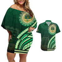 Saineha High School Couples Matching Off Shoulder Short Dress and Hawaiian Shirt Ngatu and Polynesian Pattern LT03 Green - Polynesian Pride