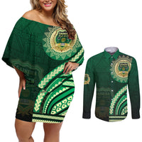 Saineha High School Couples Matching Off Shoulder Short Dress and Long Sleeve Button Shirt Ngatu and Polynesian Pattern LT03 Green - Polynesian Pride