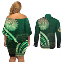 Saineha High School Couples Matching Off Shoulder Short Dress and Long Sleeve Button Shirt Ngatu and Polynesian Pattern LT03 - Polynesian Pride