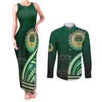 Saineha High School Couples Matching Tank Maxi Dress and Long Sleeve Button Shirt Ngatu and Polynesian Pattern LT03 Green - Polynesian Pride