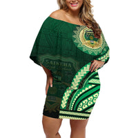 Saineha High School Off Shoulder Short Dress Ngatu and Polynesian Pattern LT03 Women Green - Polynesian Pride