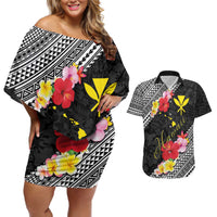 Aloha Hawaii Hibiscus and Plumeria Flowers Couples Matching Off Shoulder Short Dress and Hawaiian Shirt Kanaka Maoli Tattoo Polynesian Pattern
