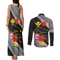 Aloha Hawaii Hibiscus and Plumeria Flowers Couples Matching Tank Maxi Dress and Long Sleeve Button Shirt Kanaka Maoli Tattoo Polynesian Pattern