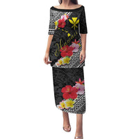 Aloha Hawaii Hibiscus and Plumeria Flowers Family Matching Puletasi and Hawaiian Shirt Kanaka Maoli Tattoo Polynesian Pattern