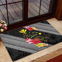Aloha Hawaii Hibiscus and Plumeria Flowers Rubber Doormat Kanaka Maoli Tattoo Polynesian Pattern