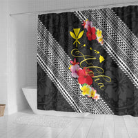 Aloha Hawaii Hibiscus and Plumeria Flowers Shower Curtain Kanaka Maoli Tattoo Polynesian Pattern