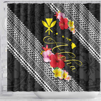 Aloha Hawaii Hibiscus and Plumeria Flowers Shower Curtain Kanaka Maoli Tattoo Polynesian Pattern