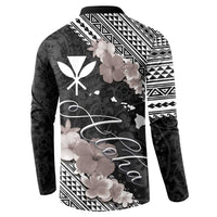 Aloha Hawaii Hibiscus and Plumeria Flowers Button Sweatshirt Kanaka Maoli Tattoo Polynesian Pattern Gray Color