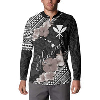 Aloha Hawaii Hibiscus and Plumeria Flowers Button Sweatshirt Kanaka Maoli Tattoo Polynesian Pattern Gray Color