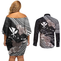 Aloha Hawaii Hibiscus and Plumeria Flowers Couples Matching Off Shoulder Short Dress and Long Sleeve Button Shirt Kanaka Maoli Tattoo Polynesian Pattern Gray Color