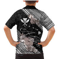 Aloha Hawaii Hibiscus and Plumeria Flowers Family Matching Mermaid Dress and Hawaiian Shirt Kanaka Maoli Tattoo Polynesian Pattern Gray Color