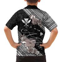 Aloha Hawaii Hibiscus and Plumeria Flowers Family Matching Off Shoulder Maxi Dress and Hawaiian Shirt Kanaka Maoli Tattoo Polynesian Pattern Gray Color