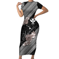 Aloha Hawaii Hibiscus and Plumeria Flowers Family Matching Short Sleeve Bodycon Dress and Hawaiian Shirt Kanaka Maoli Tattoo Polynesian Pattern Gray Color